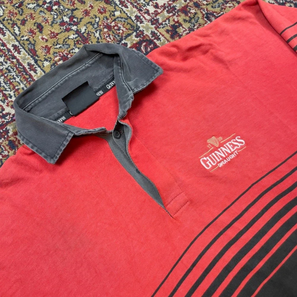 VTG 90s Guinness Durene Cotton Rugby Shirt Striped Red Black LS Embroidered‎ XL